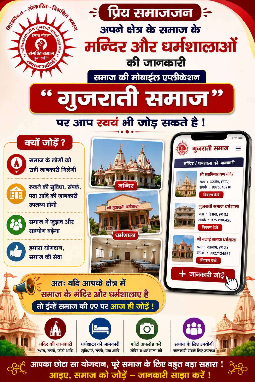 *समाज के मन्दिर और धर्मशालाओं की जानकारी जोड़े